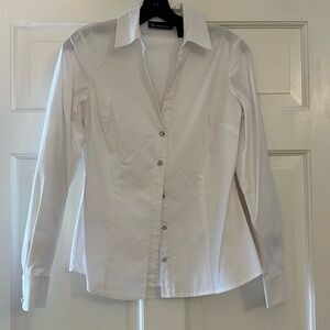 INC  concepts, white V-neck, long sleeve blouse, crystal buttons size 2